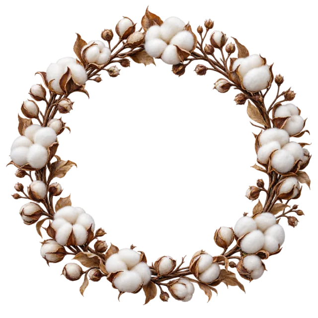 Brown stems with fluffy white cotton bolls form an oval border