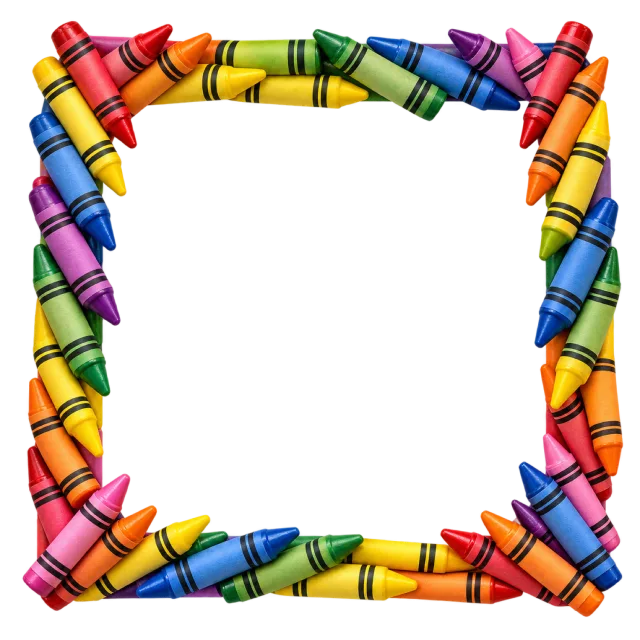 Overlapping colored crayons form a bright square border