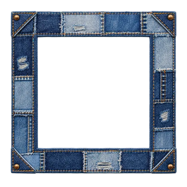 Blue denim-style patches with stitching and corner studs form a square border