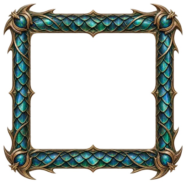 Teal scales, bronze-colored horn shapes and small gems decorate a square border