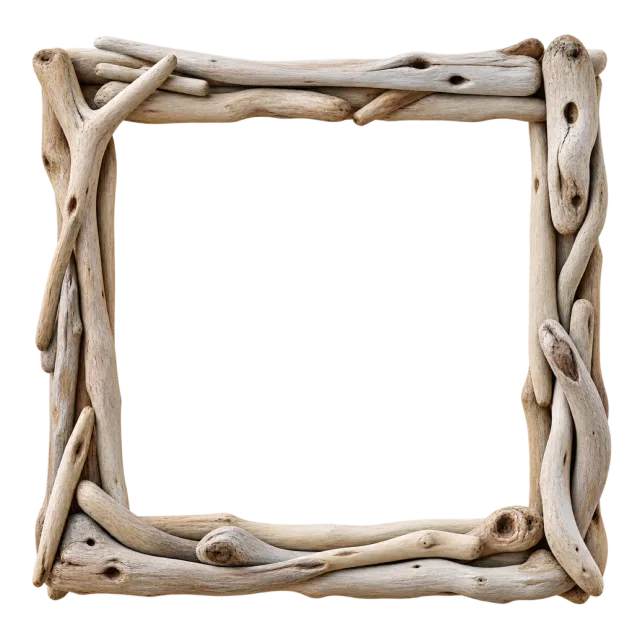 Intertwined pale wooden branches form a rustic square border