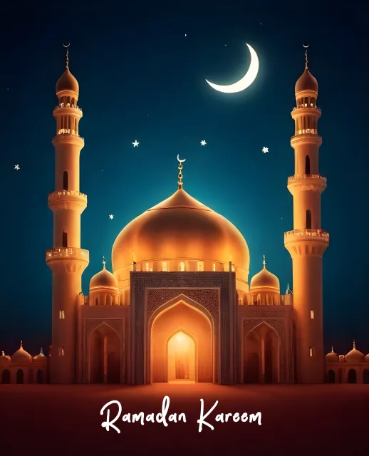 Golden illuminated mosque under a crescent moon against a dark blue night sky