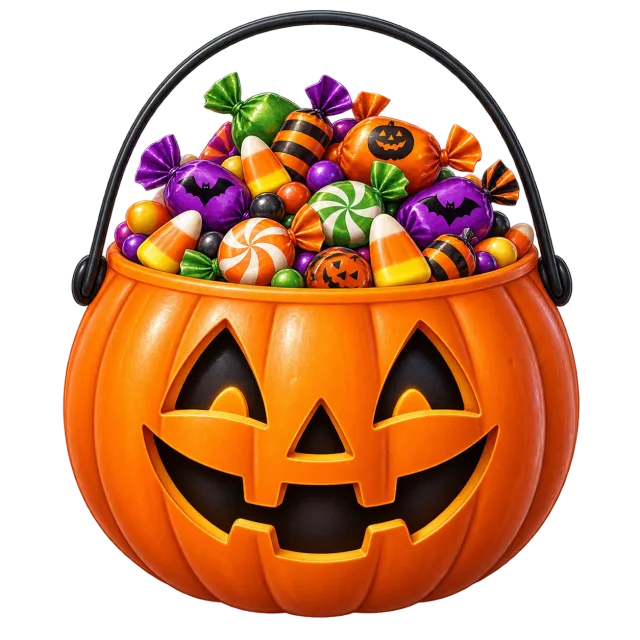 Orange jack-o-lantern bucket with a black handle filled with colorful wrapped sweets on a transparent background