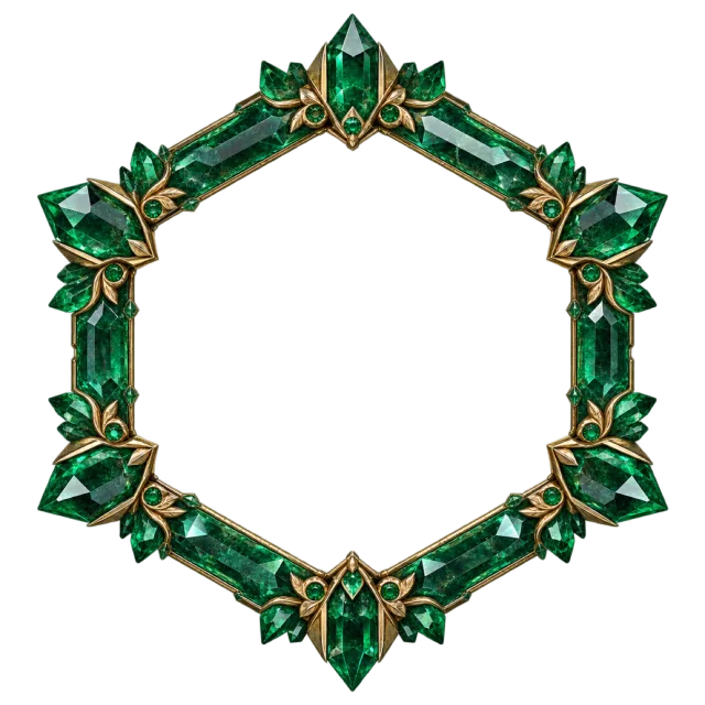 Green faceted gem shapes and gold-colored leaves form a hexagonal border