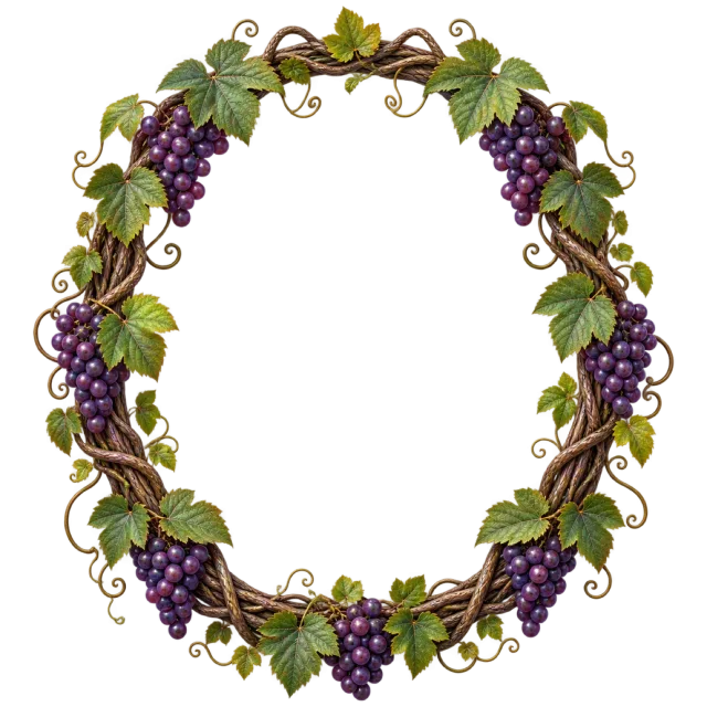 Purple grapes, curling vines and green leaves form an oval border