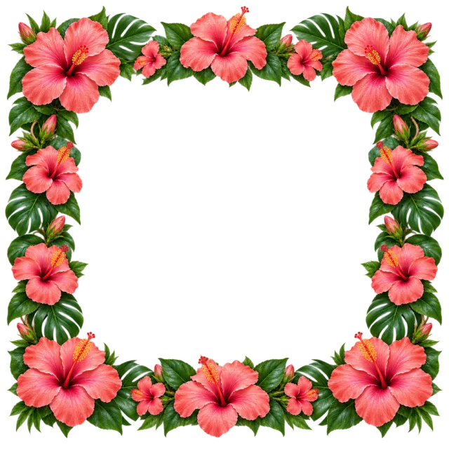 Coral hibiscus flowers and dark green leaves surround a square opening