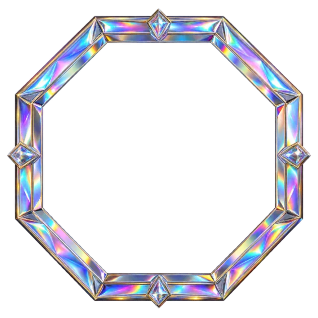 Rainbow-colored reflective facets and gem-like details form an octagonal border