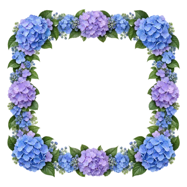 Blue and purple hydrangea clusters with green leaves form a square border