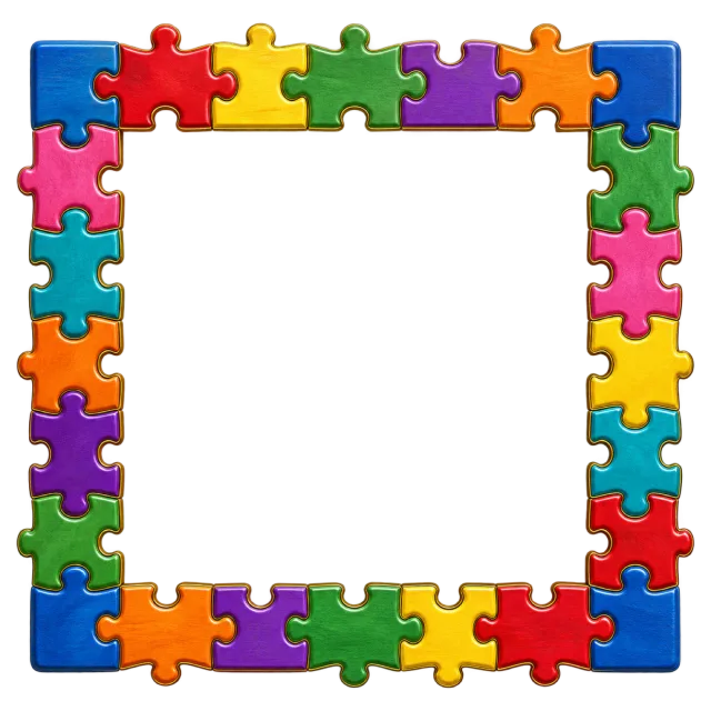 Bright interlocking puzzle pieces surround a square opening