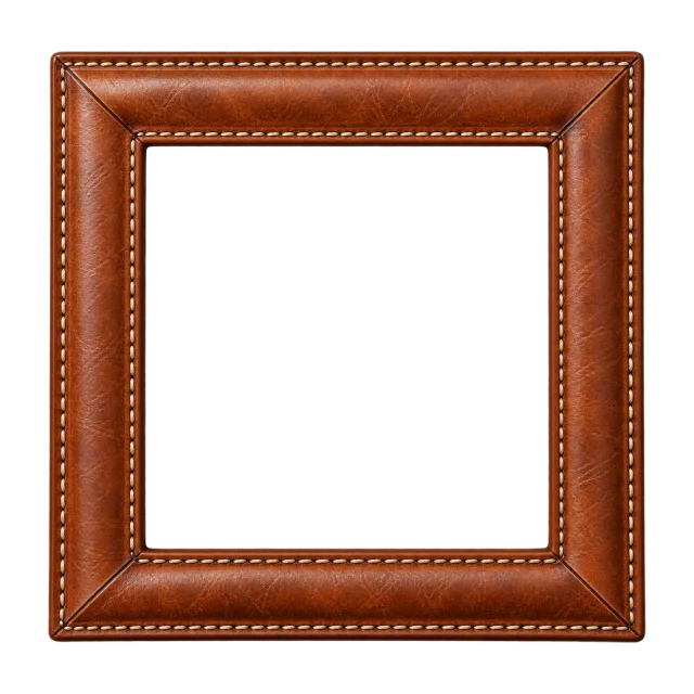 A brown leather-textured square border is edged with gold-colored stitching