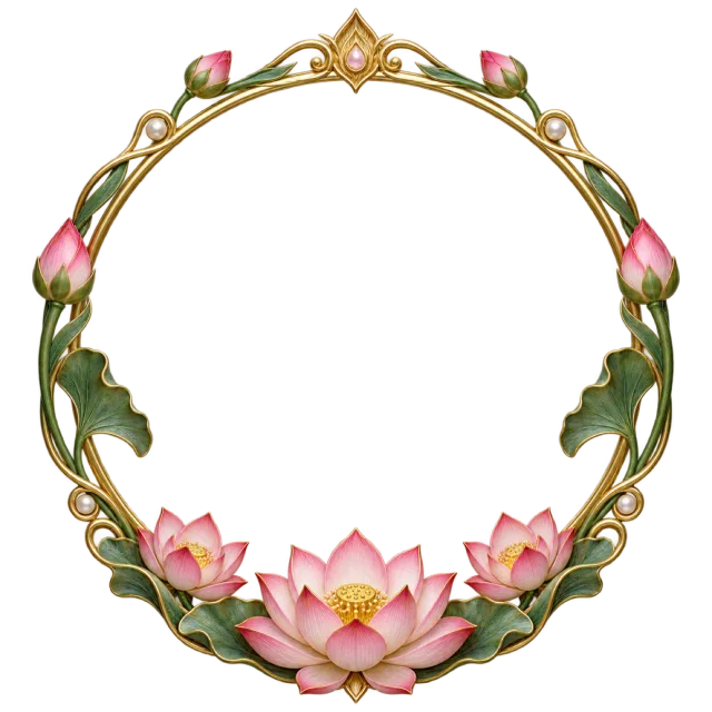 Pink lotus flowers decorate the base of a thin double gold-colored circle