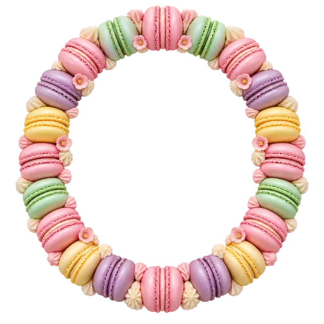 Pastel-colored macarons form an oval border