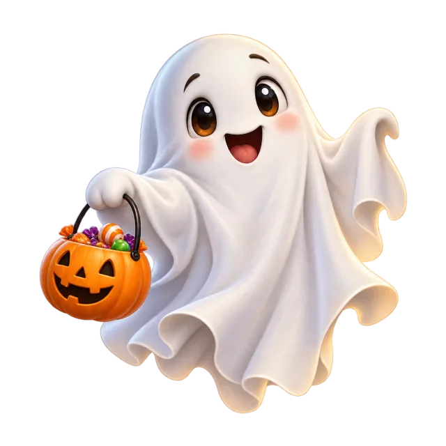 Smiling white ghost carrying a small orange pumpkin bucket on a transparent background