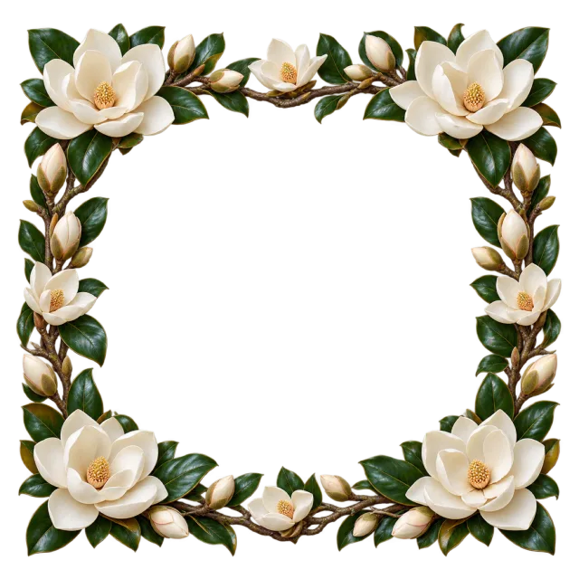 Cream-white magnolia flowers and dark leaves surround a square opening