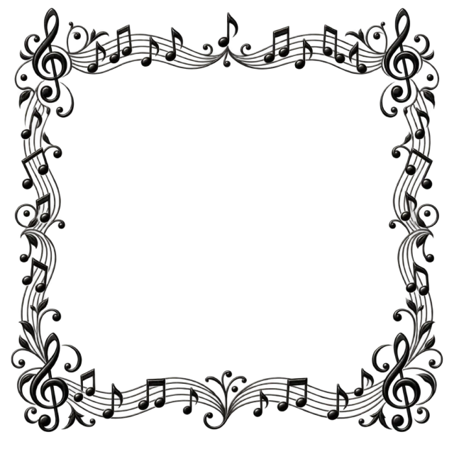 Black musical notes, staffs and treble clefs form a square border