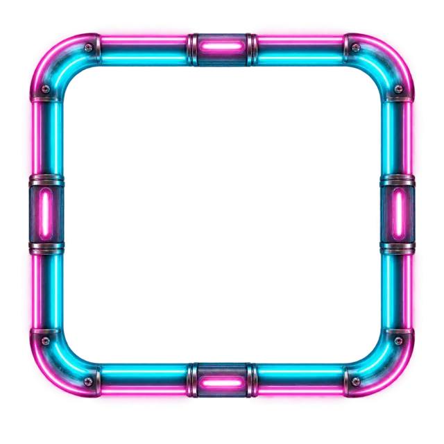 Glowing pink and cyan tubes form a rounded square border