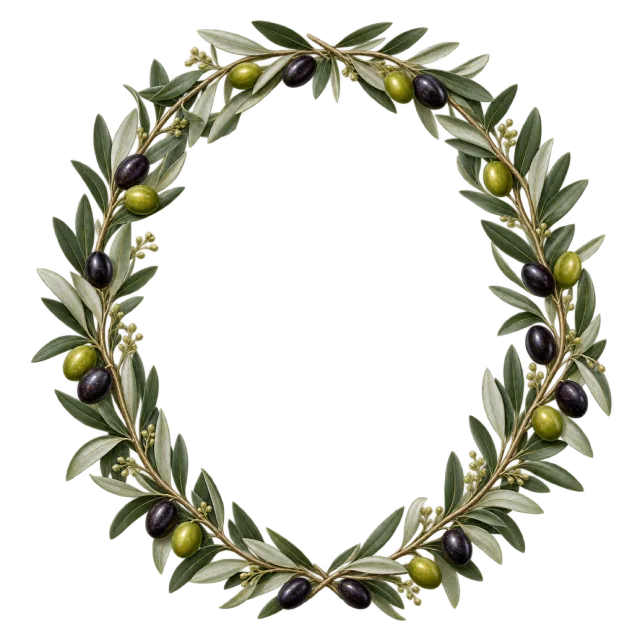 Green olive branches with small olives form an oval border