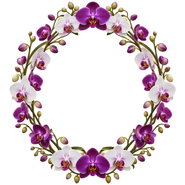 Purple and white orchid blooms and buds form an oval border