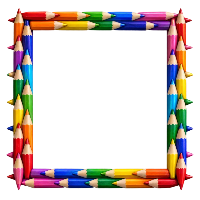 Sharpened colored pencils overlap to form a square border