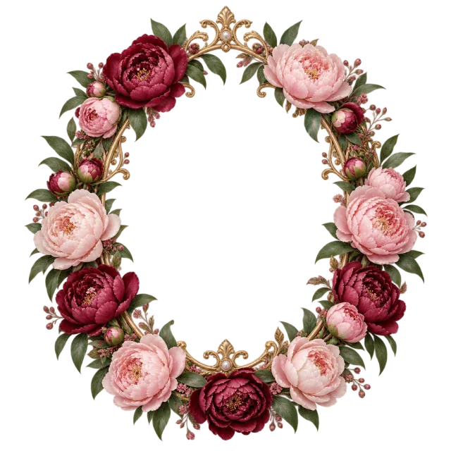 Pink and burgundy peonies with gold-colored ornaments form an oval border