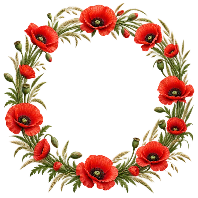 Red poppy flowers and slender green stems form an oval border