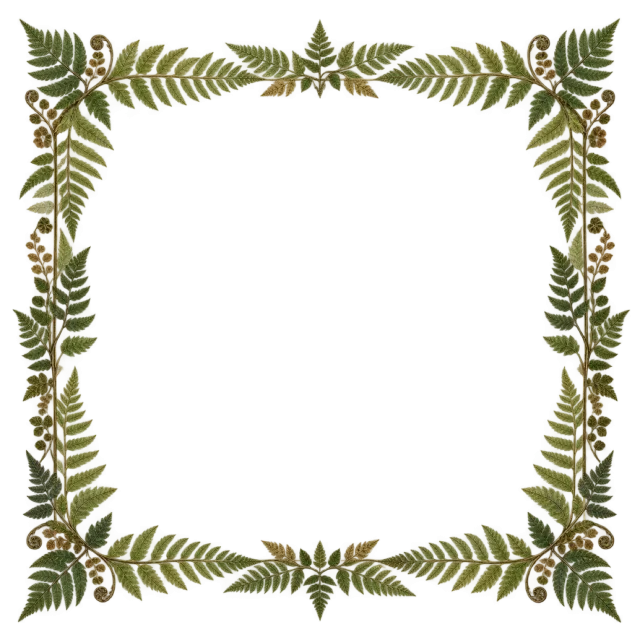 Fine green fern fronds decorate a thin square border and its corners