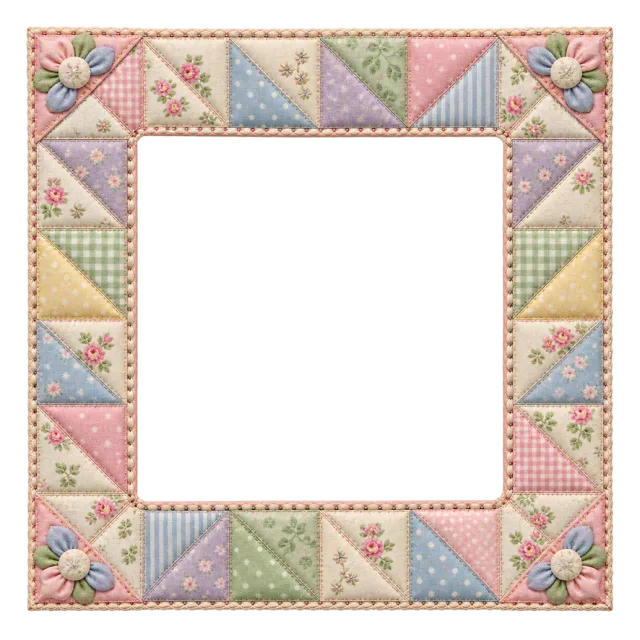 Pastel quilt-style triangles, stitching and floral corners form a square border