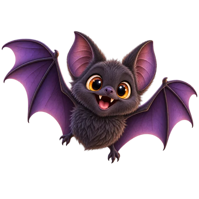Smiling black cartoon bat with large orange eyes and spread purple wings on a transparent background