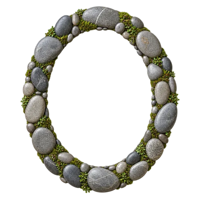 Smooth gray pebbles and patches of green moss form an oval border