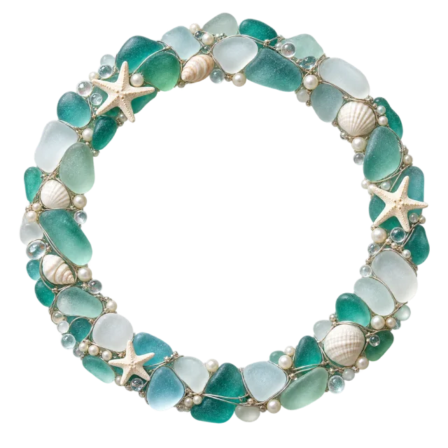 Pale turquoise glass-like pieces, shells, starfish and pearls form an oval border