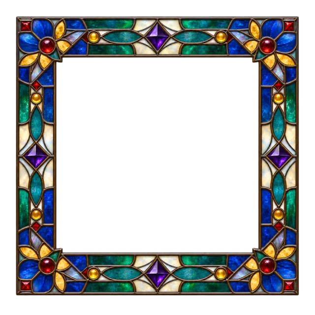 Colorful geometric and floral glass-style panels form a square border