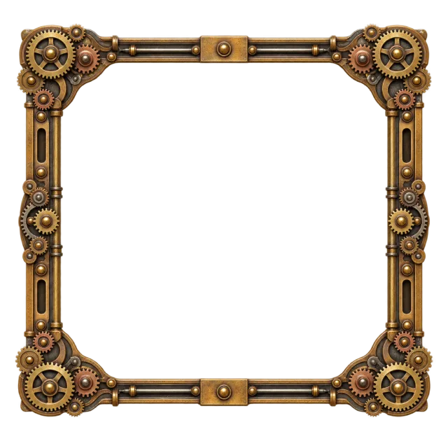 Bronze-colored pipes, gears and corner fittings form a square border