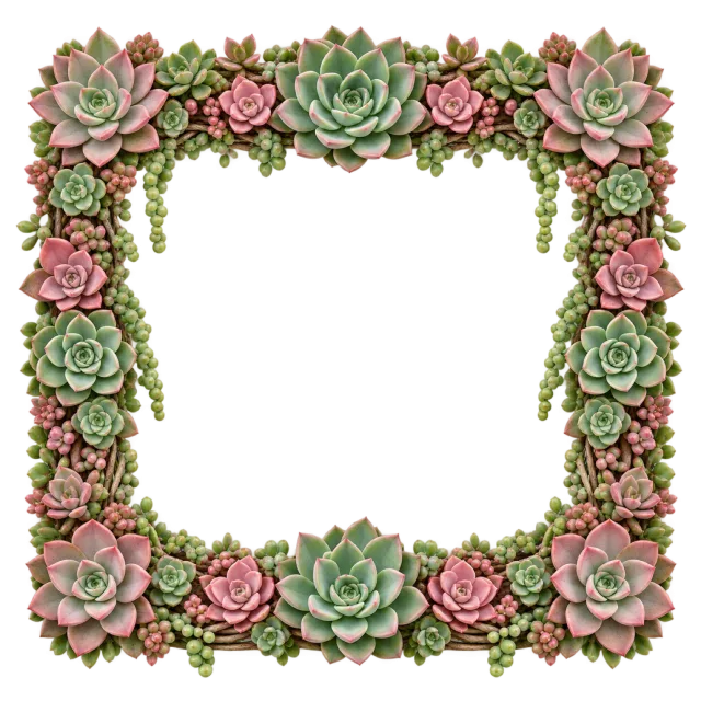 Green and pink succulent rosettes surround a square opening