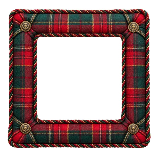 A rounded square red and green plaid border has brass-colored corner buttons