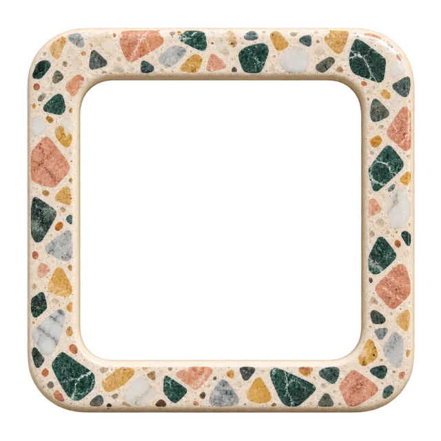 A cream border with colorful stone-like chips surrounds a rounded square opening