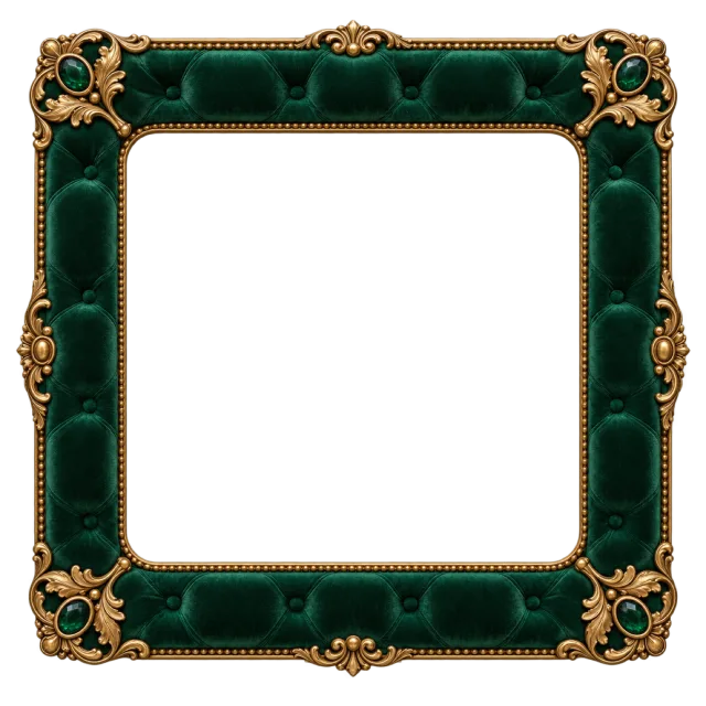 An emerald-green textured border has ornate gold-colored corner decorations