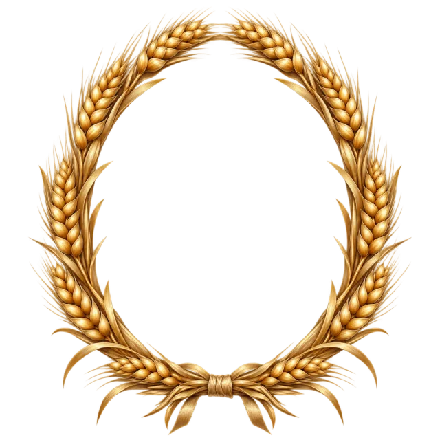 Golden wheat stalks curve into an oval and meet in a tied bundle at the bottom