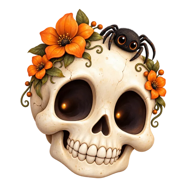Cream skull decorated with orange flowers, green leaves and a small black spider on a transparent background