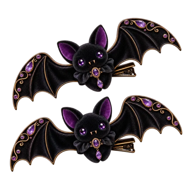 Two black bat-shaped hair clips have purple jewel-like details and gold-colored trim