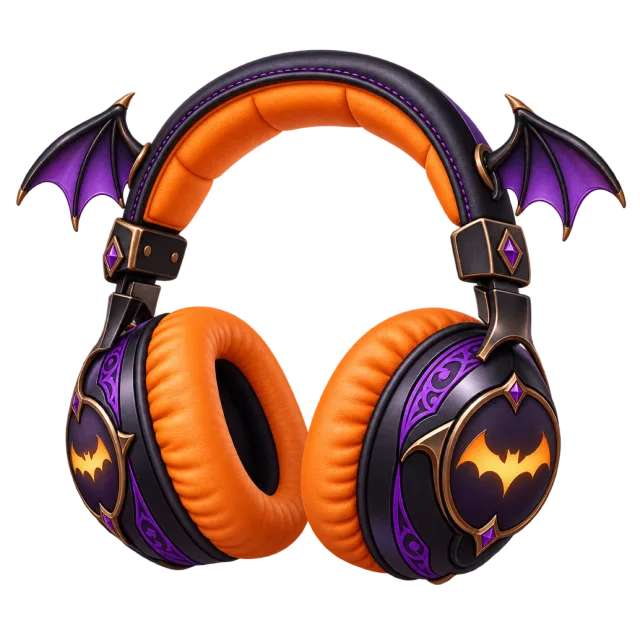 Orange padded headphones have purple bat motifs and small bat wings