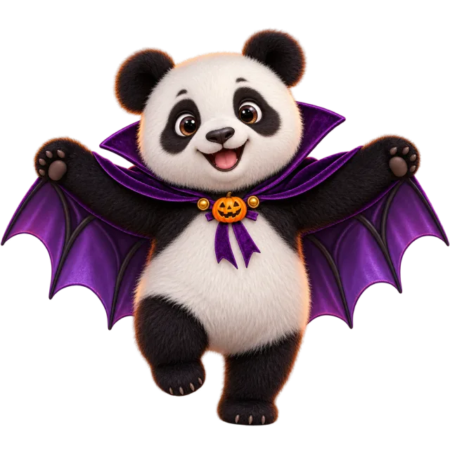 A smiling panda spreads a purple bat cape fastened with a pumpkin clasp