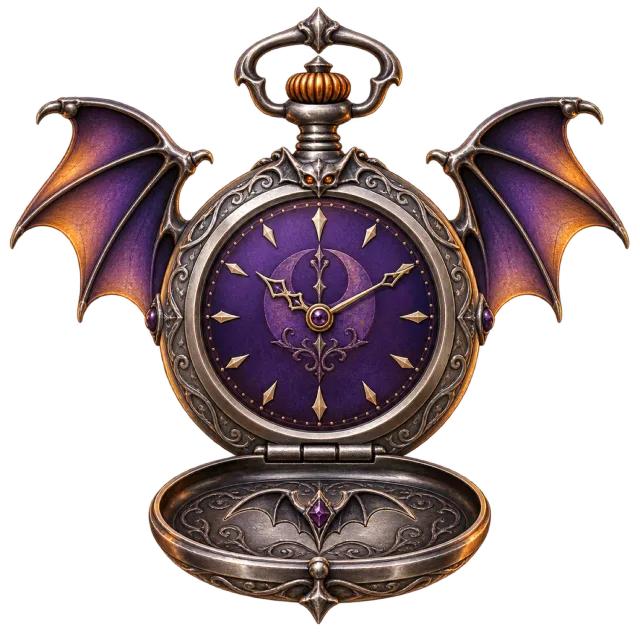 An ornate open pocket watch has a purple dial and outstretched bat wings