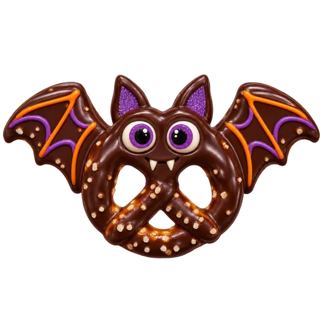 A chocolate-colored pretzel character has purple eyes and decorated bat wings