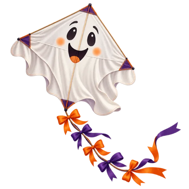 A white ghost-shaped kite trails orange and purple ribbon bows