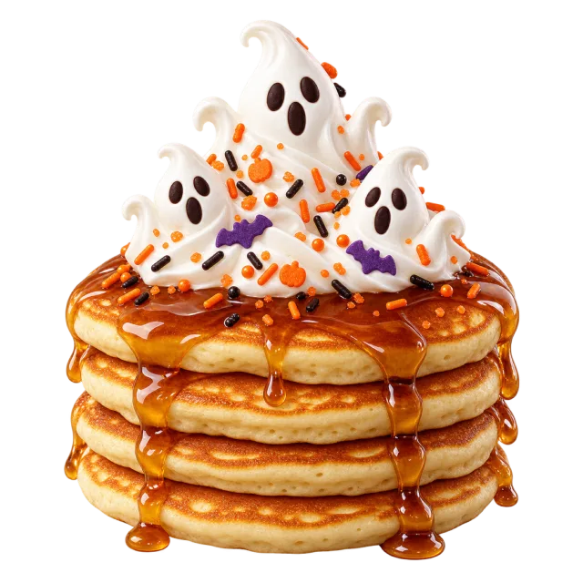 A syrup-covered pancake stack is topped with little white ghosts and colorful sprinkles