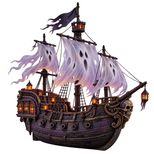 A dark ornate pirate ship carries torn pale ghost-like sails and glowing lanterns