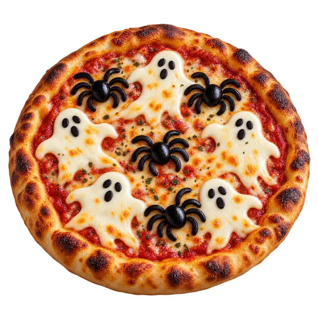 A round pizza is decorated with white ghost shapes and black spider-shaped toppings