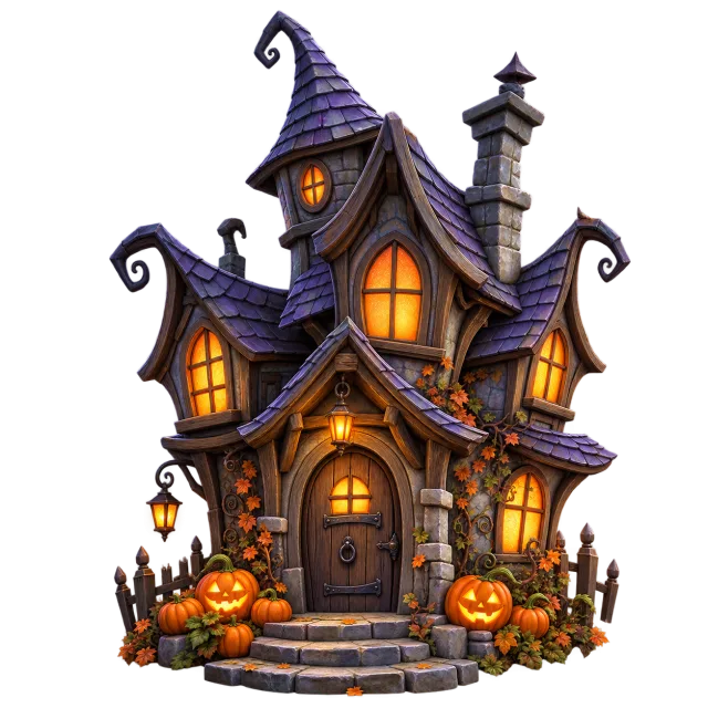 Crooked haunted house with purple roofs, glowing orange windows and pumpkins at the entrance on a transparent background