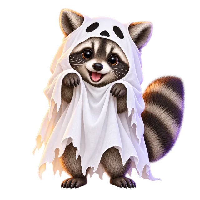 A smiling raccoon wears a white ghost hood with its striped tail visible