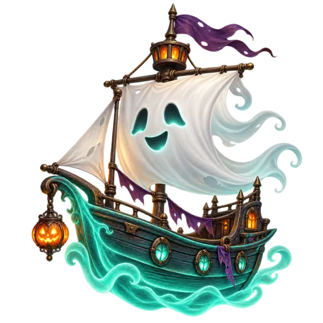 A small boat has a white ghost-shaped sail above curling turquoise waves